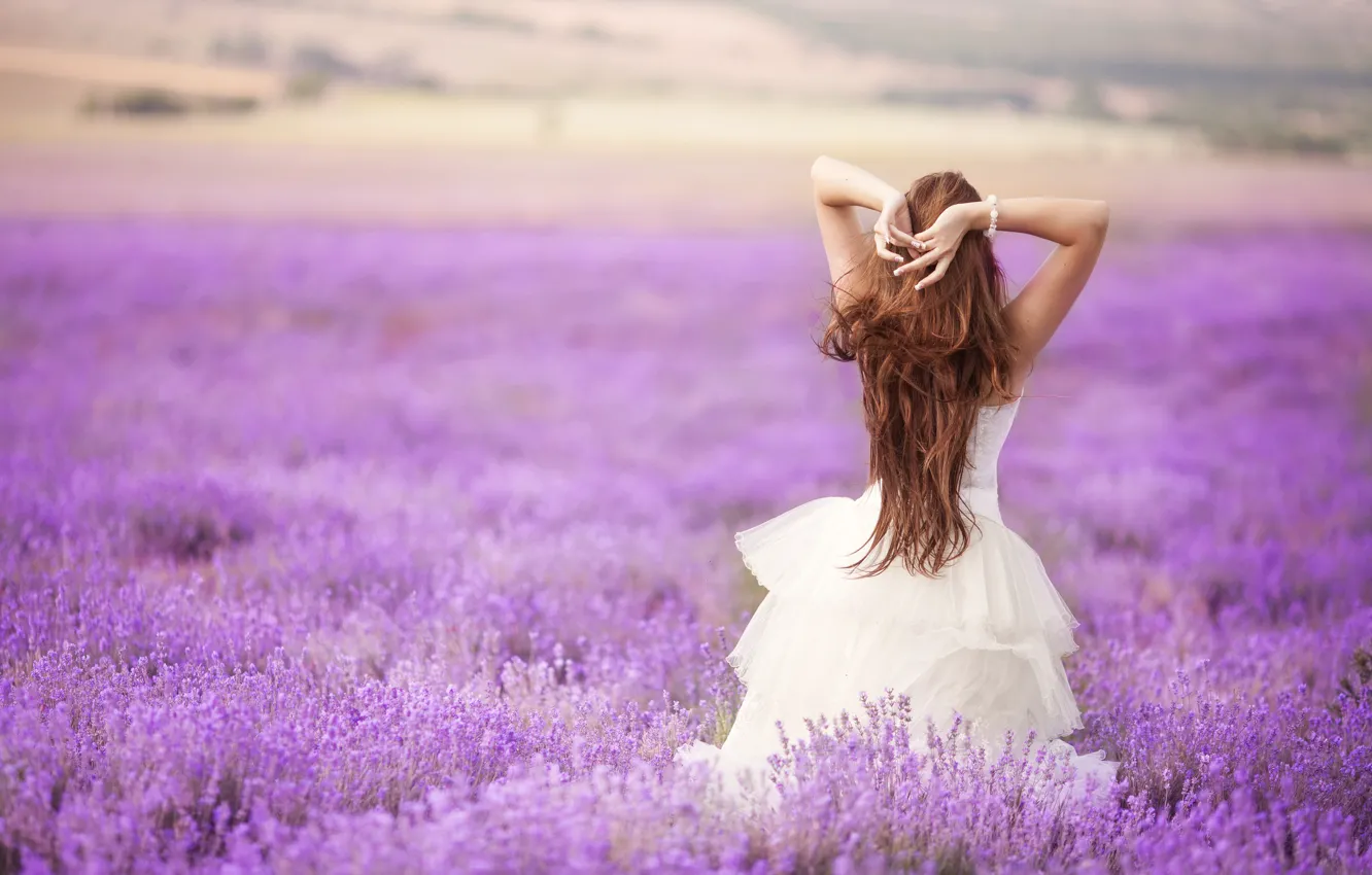 Photo wallpaper white, girl, hair, back, hands, dress, bracelet