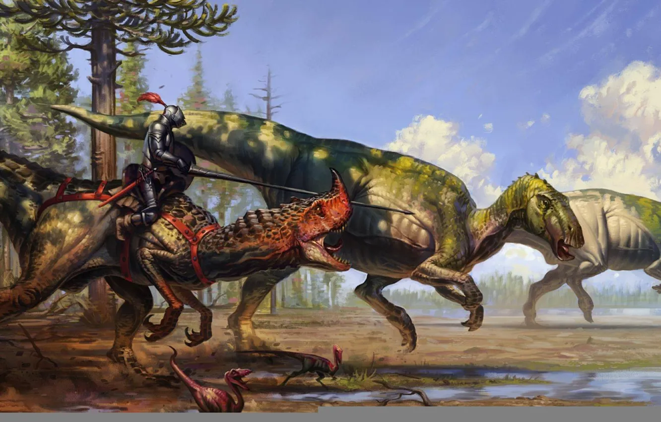 Photo wallpaper figure, dinosaur, knight, fantasy knights