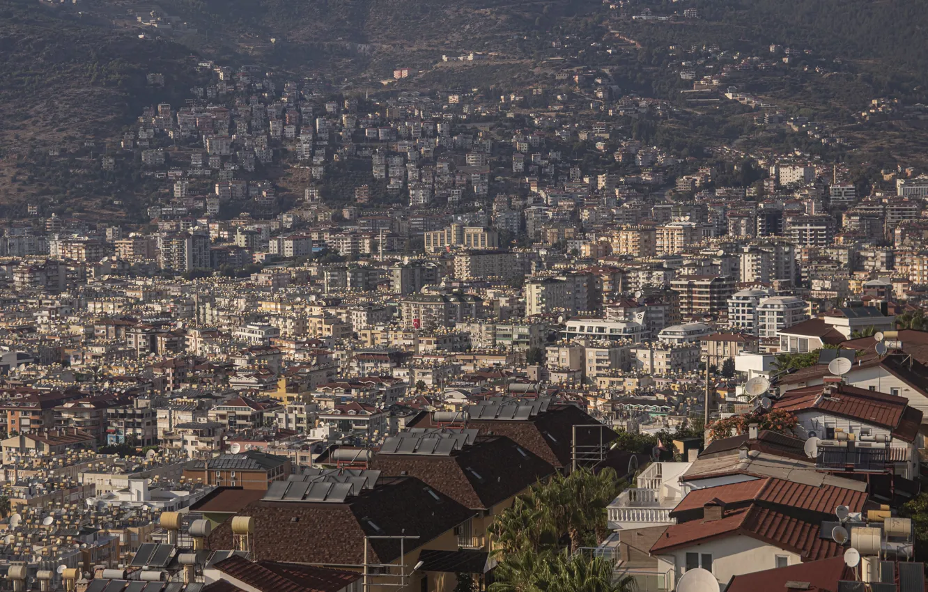 Photo wallpaper mountains, the city, home, Turkey, Alania