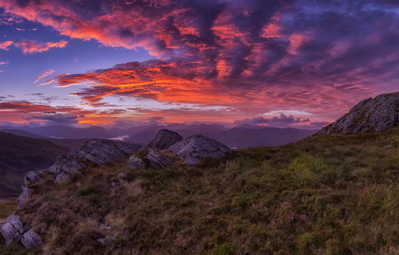 Photo wallpaper the sky, grass, clouds, landscape, sunset, mountains, nature, rocks