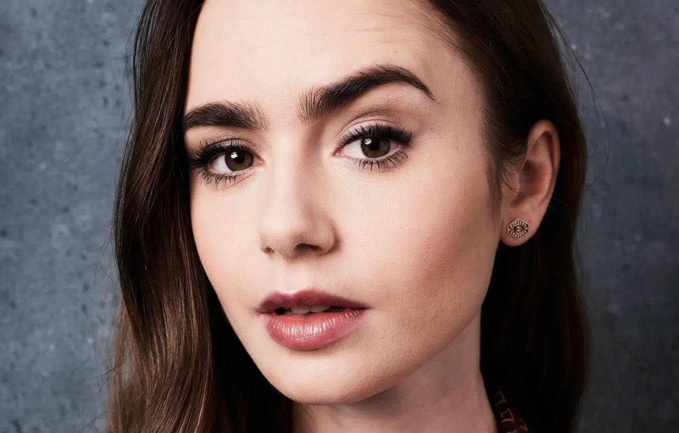 Photo wallpaper eyes, look, girl, face, makeup, Lily Collins
