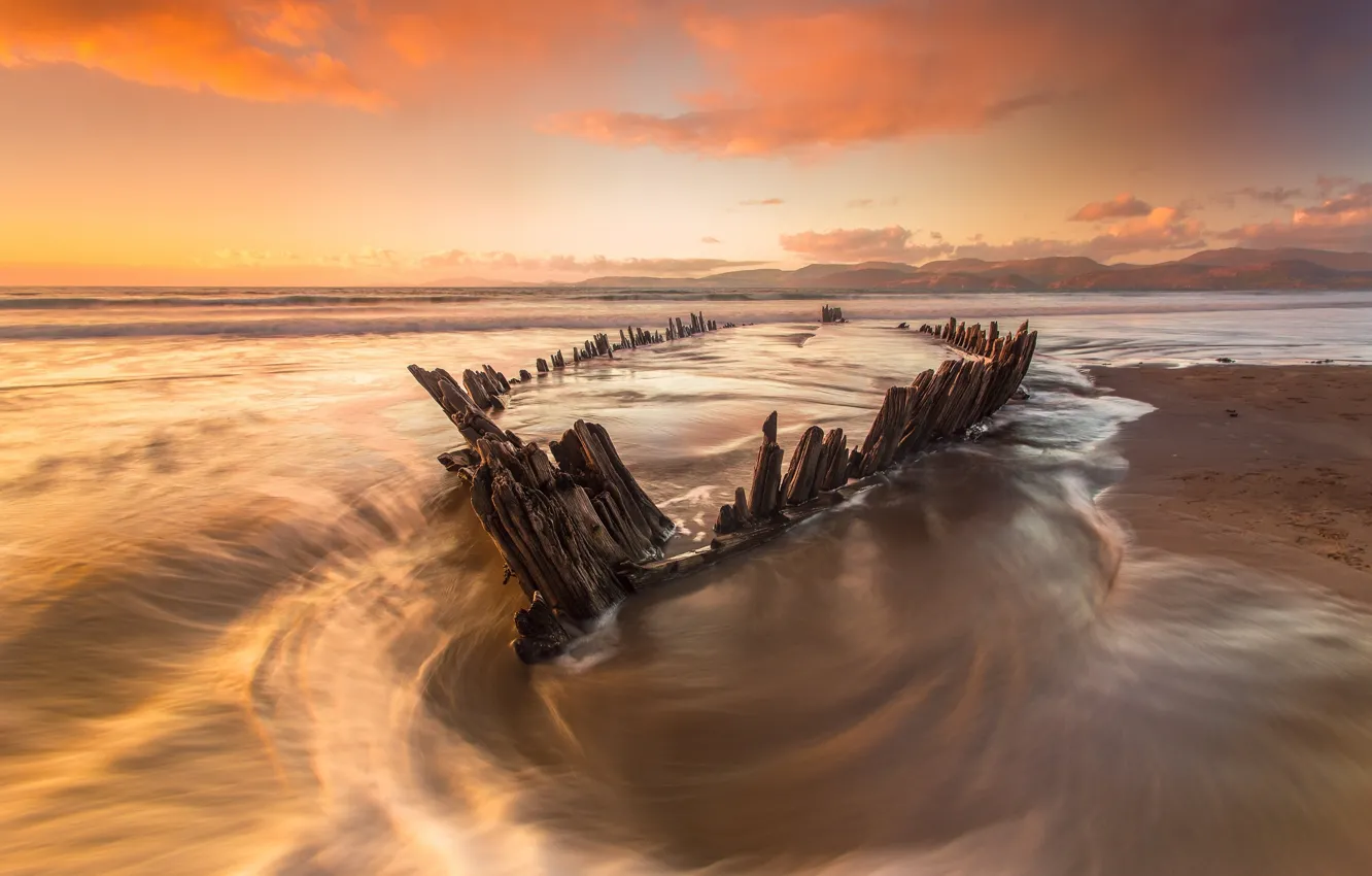 Photo wallpaper sea, beach, water, light, the ocean, boat, skeleton, full