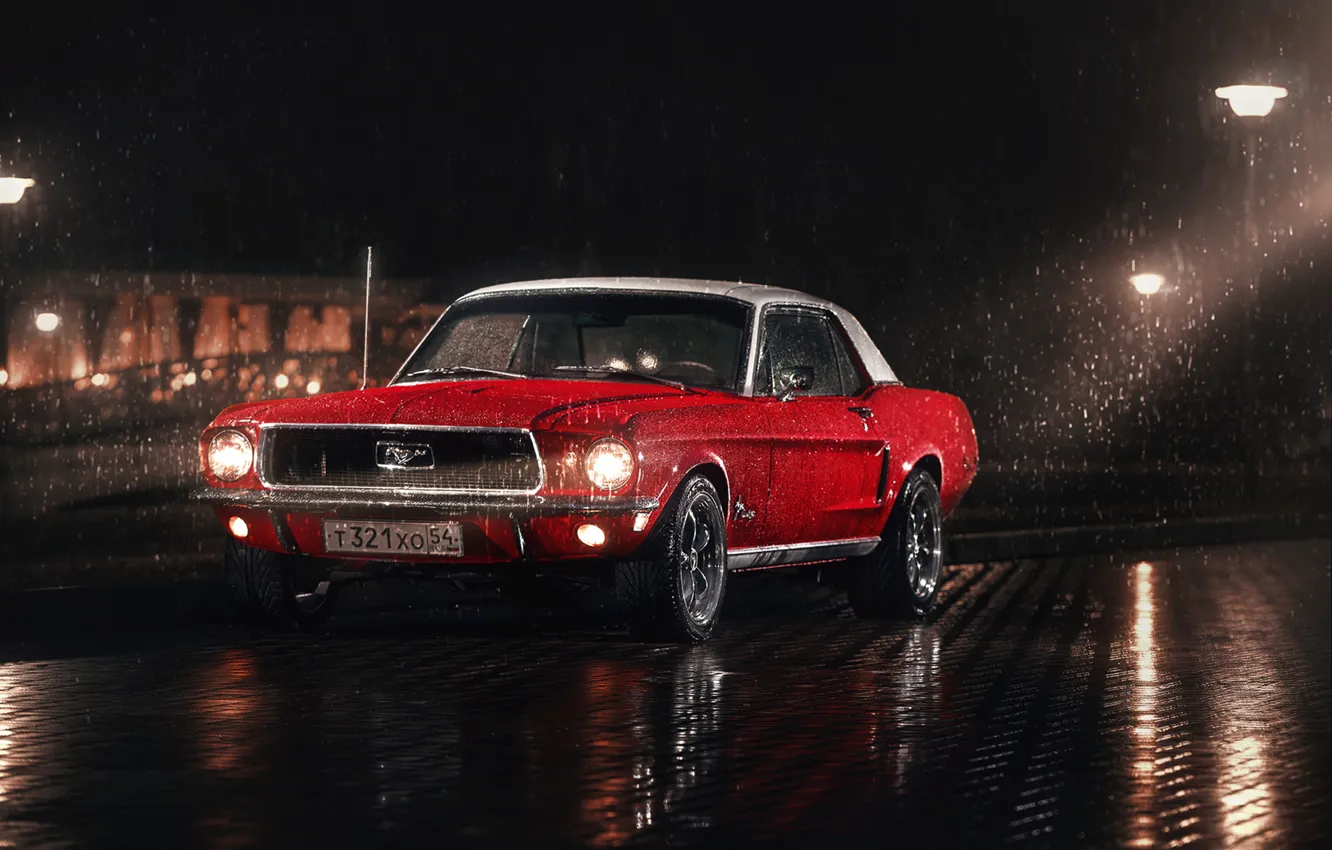 Photo wallpaper white, red, rain, Mustang, Ford, Parking, 1967, lampposts