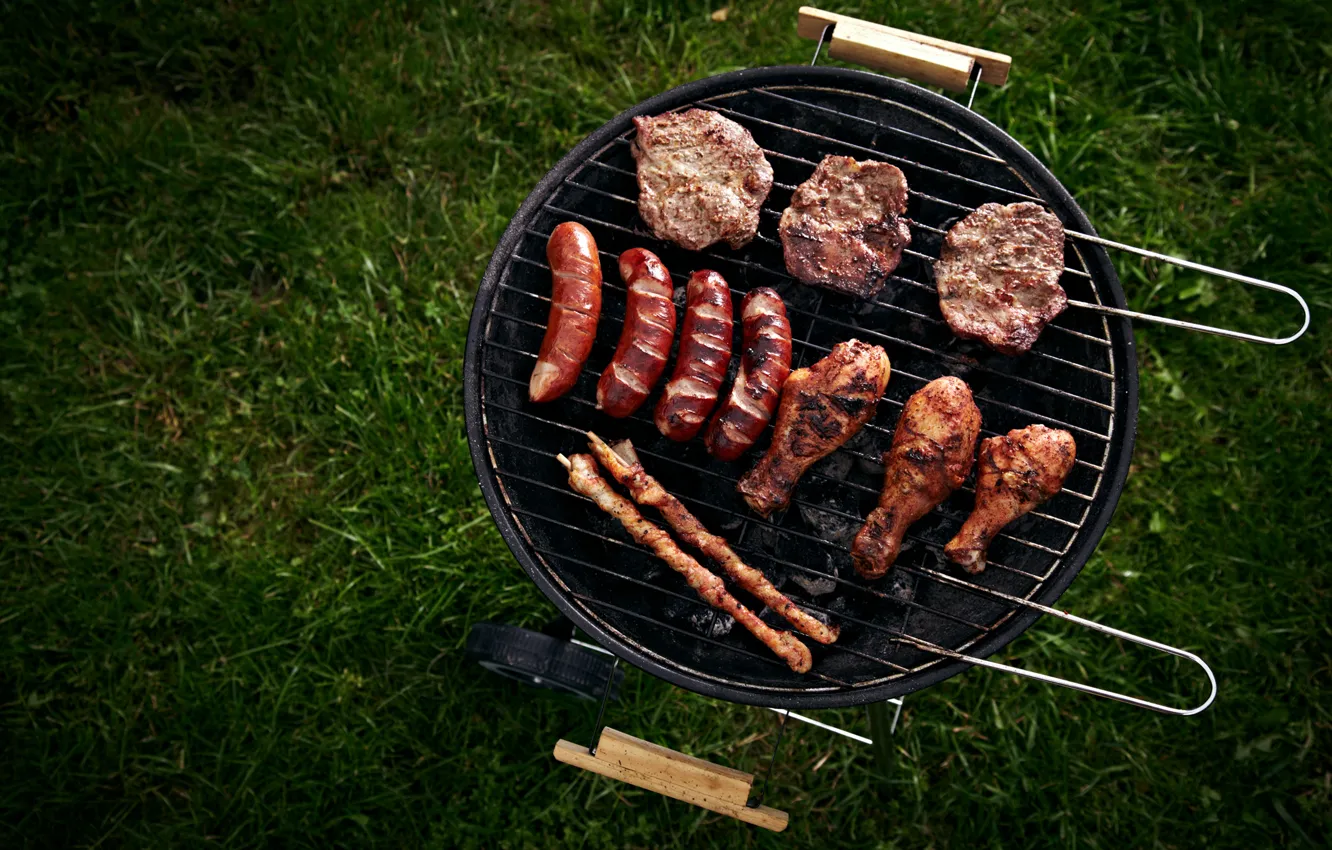 Photo wallpaper grass, sausage, chicken, meat, BBQ, steak, grill