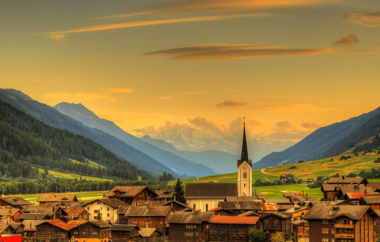 Photo wallpaper forest, the sky, clouds, mountains, home, Switzerland, valley, town