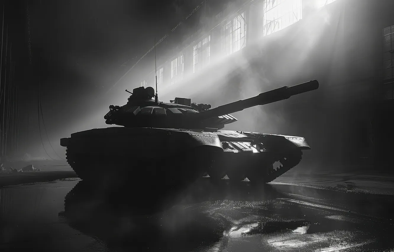 Photo wallpaper hangar, tank, black and white, digital art, AI art, The Art of Artificial Intelligence, neural …