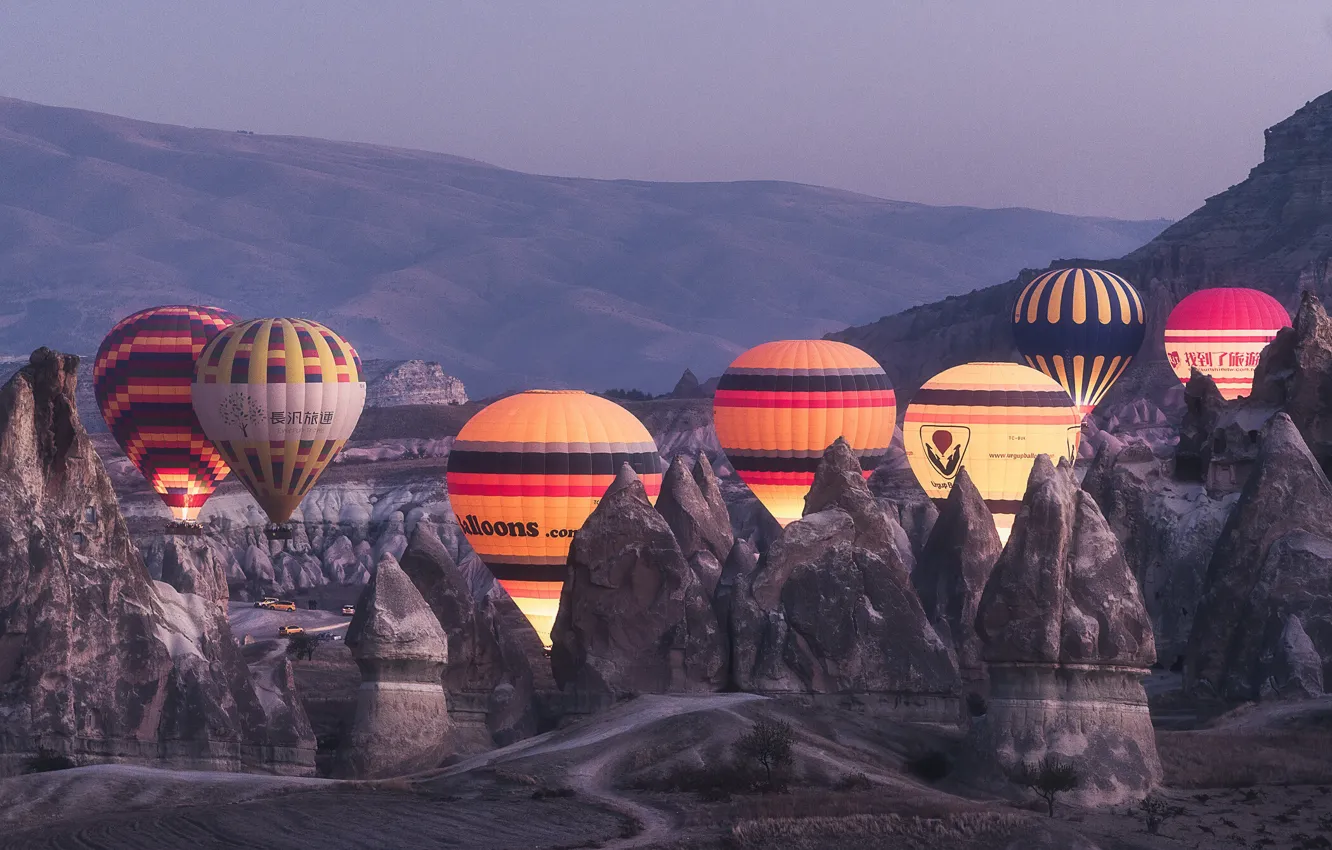 Photo wallpaper landscape, mountains, balloons, rocks, dawn, morning, backlight, Turkey