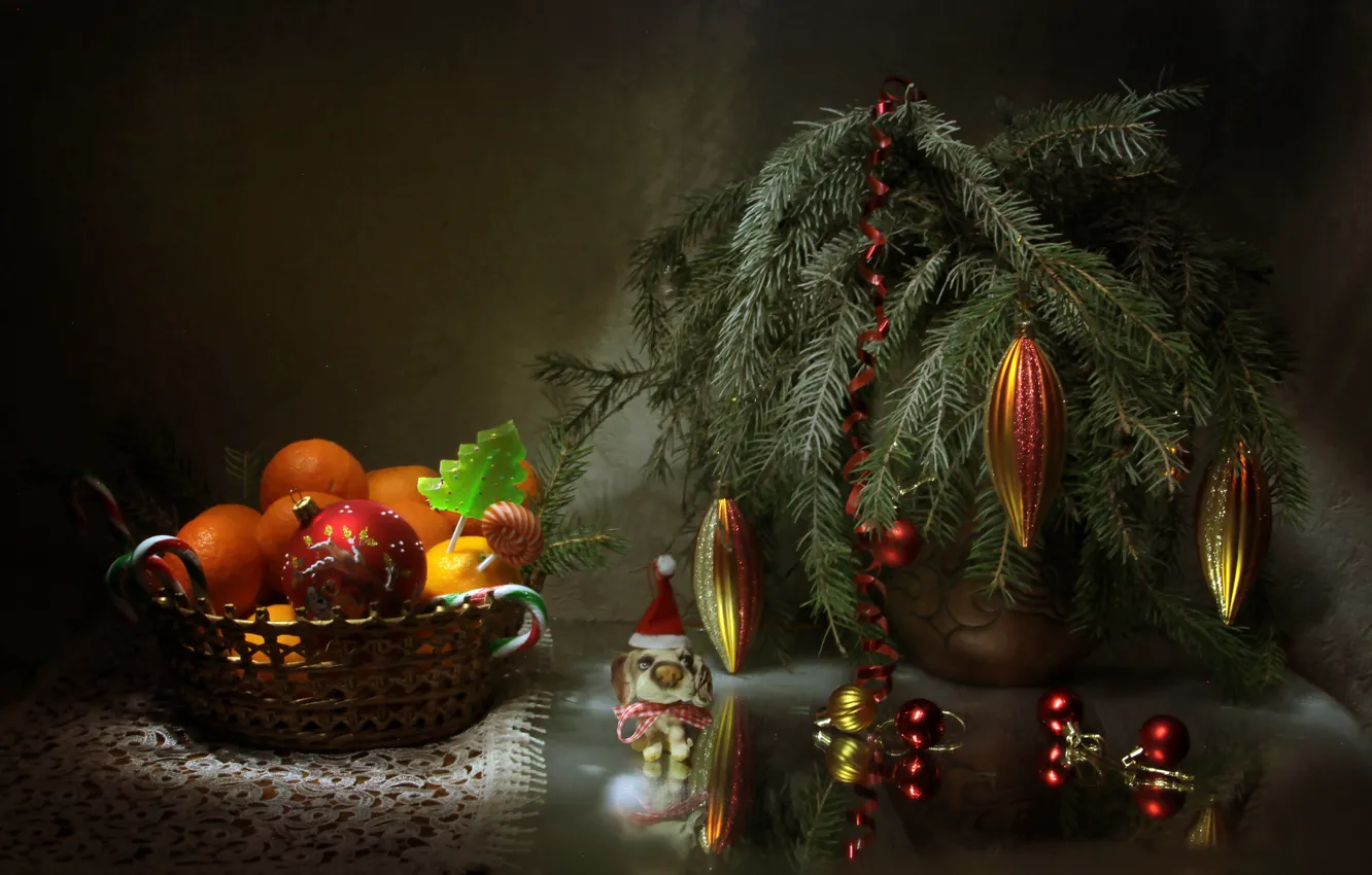 Photo wallpaper toys, branch, New Year, Christmas, needles, tangerines