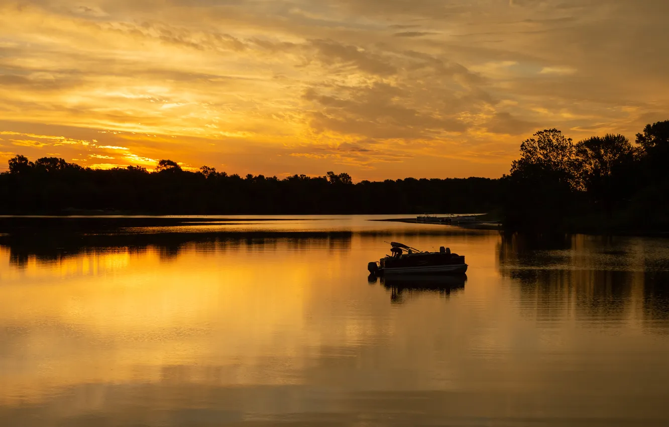 Photo wallpaper forest, the sky, clouds, sunset, dawn, shore, boat, fishing