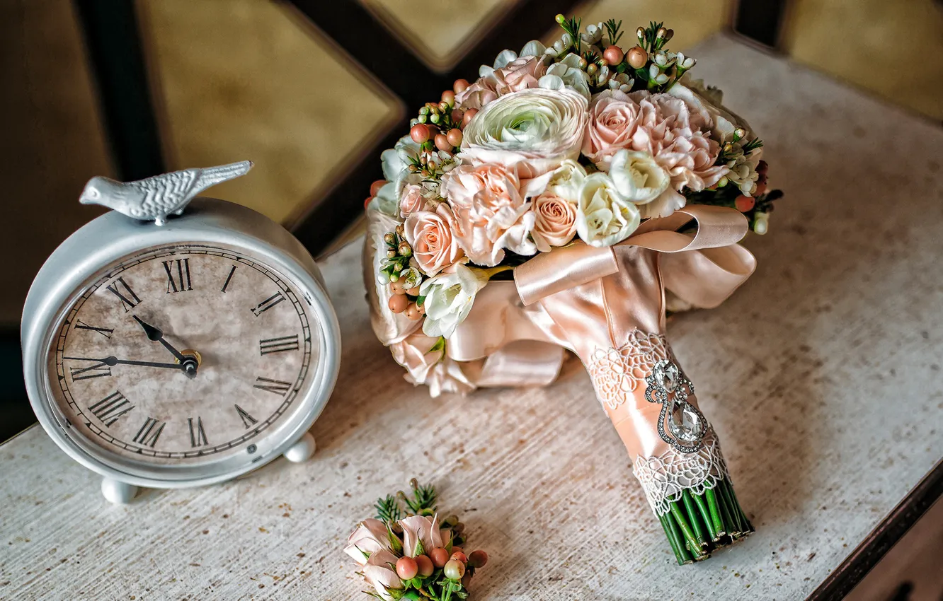 Photo wallpaper flowers, watch, bouquet, wedding