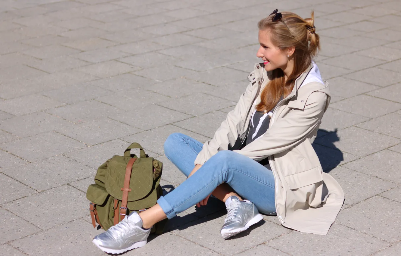 Photo wallpaper woman, smile, street, jeans, glasses, sitting, jacket, backpack