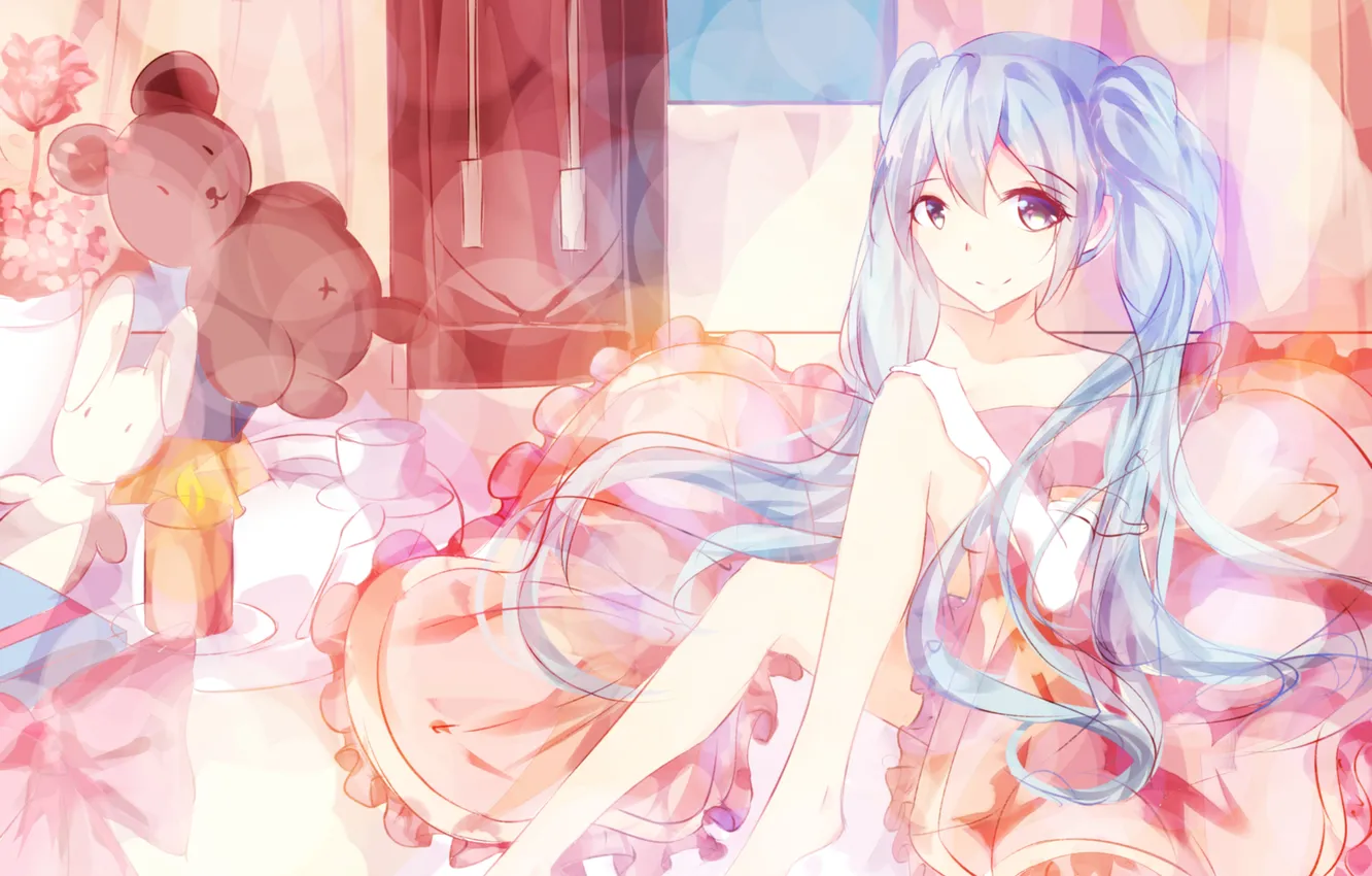 Photo wallpaper girl, smile, room, toy, bed, anime, art, vocaloid