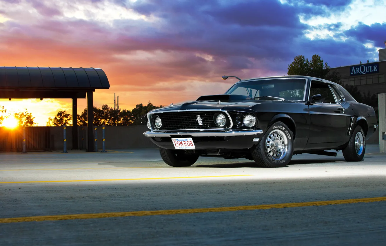 Photo wallpaper rays, sunset, Mustang, Ford, 1969