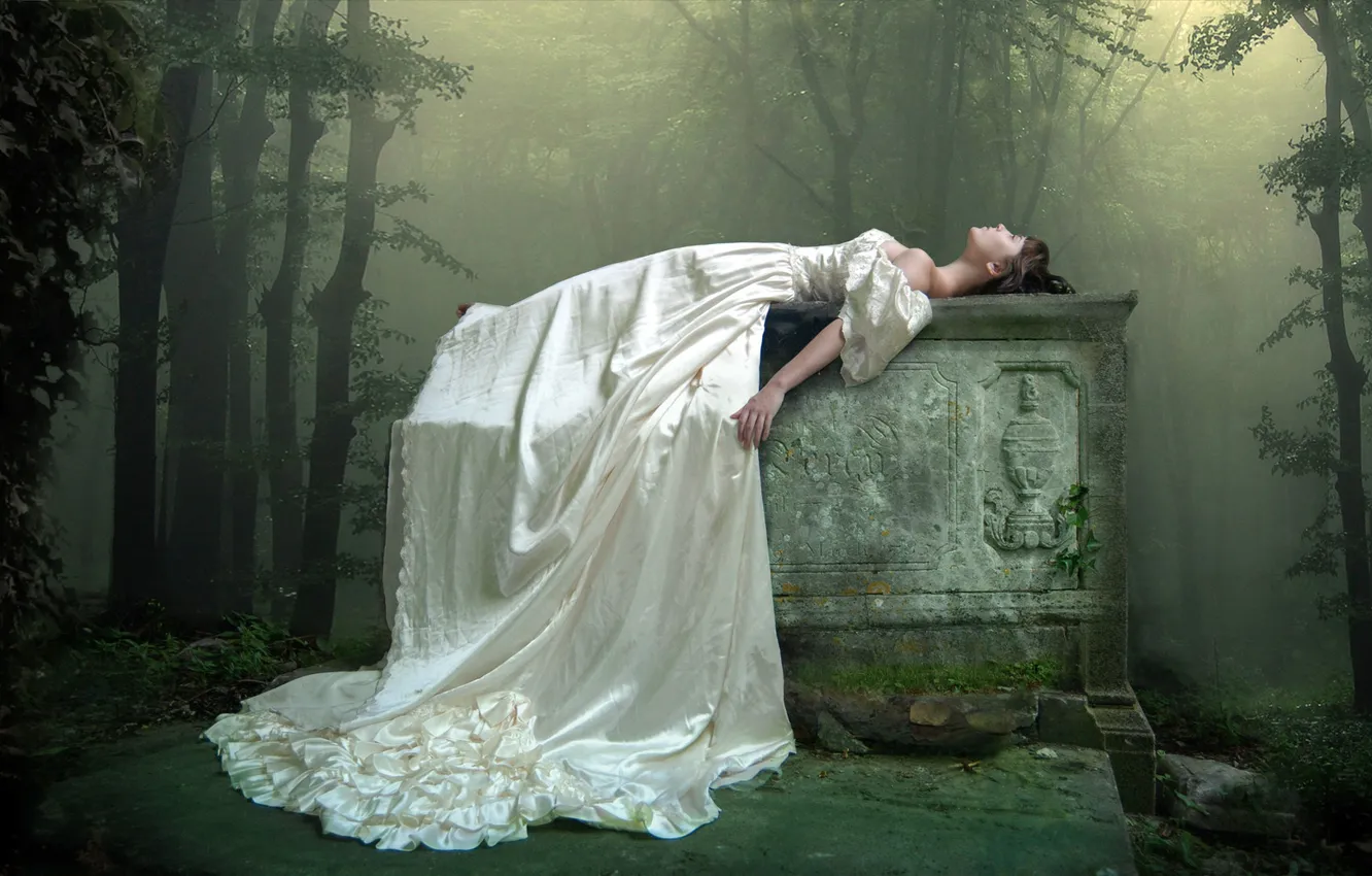 Photo wallpaper FOREST, PLATE, WHITE, DRESS, BROWN hair, TREES, FOG, The CRYPT