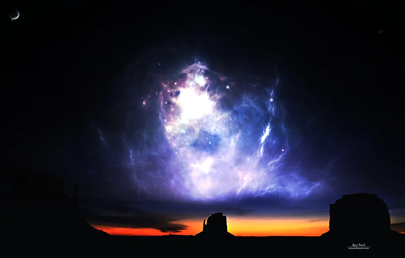 Photo wallpaper the sky, stars, light, sunset, rocks, the evening, horizon