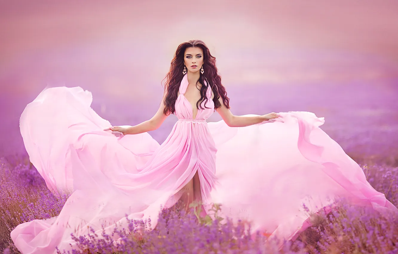 Photo wallpaper flowers, beautiful girl, bokeh, pink dress