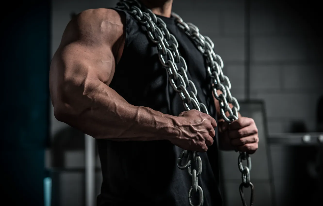 Photo wallpaper chains, muscular, arms, broad chest