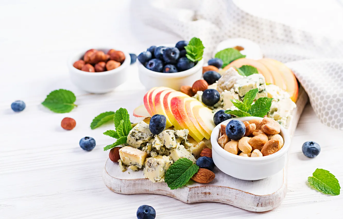 Photo wallpaper berries, apples, cheese, blueberries, nuts, Timolina