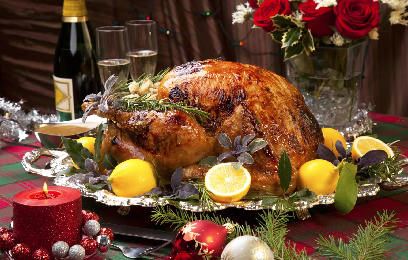 Photo wallpaper lemon, toy, tree, new year, chicken, candles, champagne, Christmas