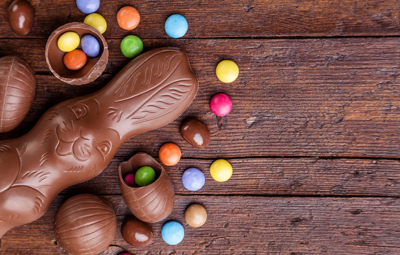 Photo wallpaper chocolate, eggs, colorful, rabbit, candy, Easter, wood, chocolate
