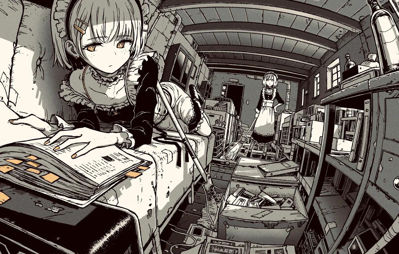 Photo wallpaper girl, room, stuff, maids, shirking from work, angry