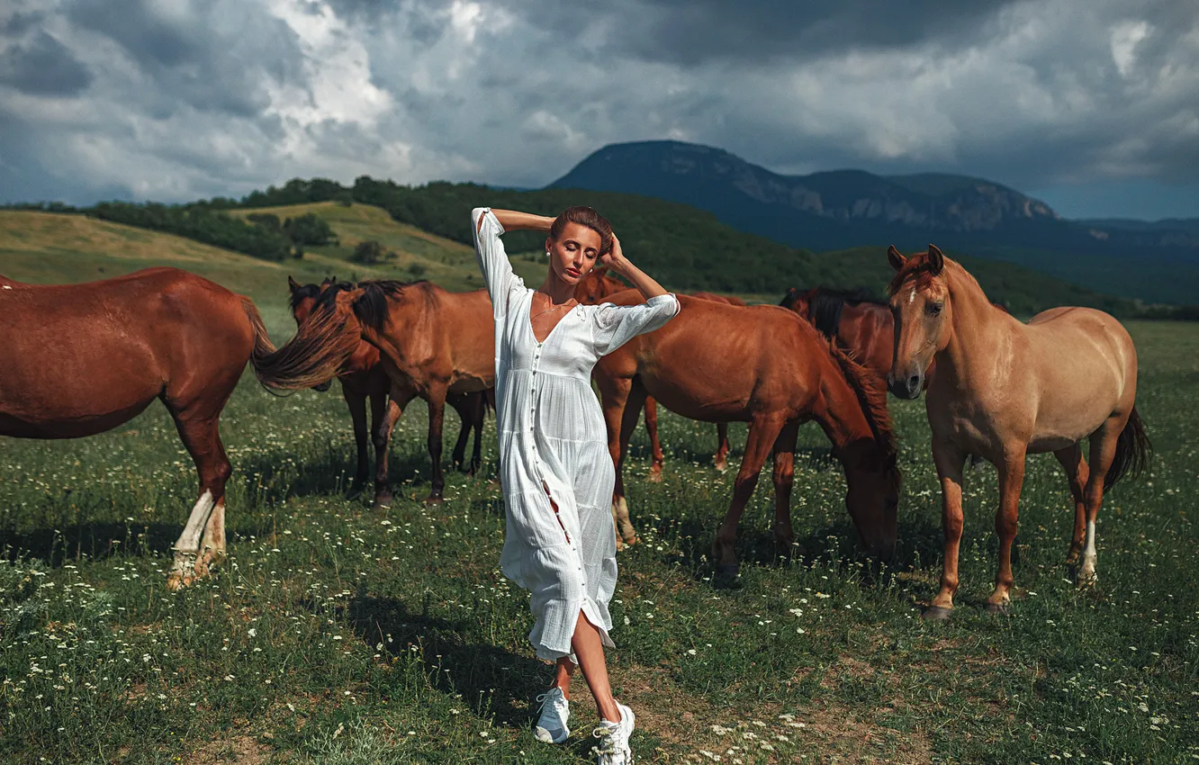 Photo wallpaper the sky, clouds, nature, animal, model, horse, dress, Gregory Levin