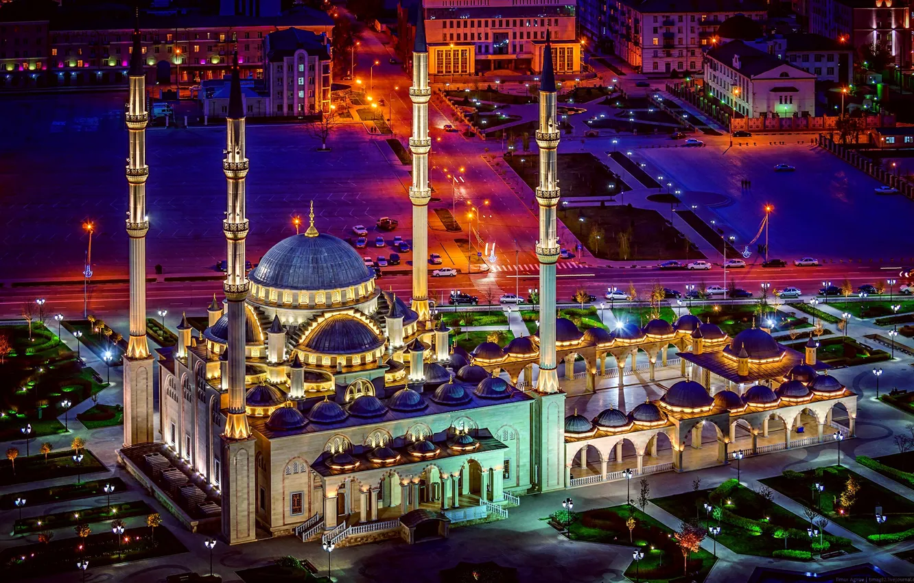 Photo wallpaper night, Russia, Russia, night, Mosque, Chechnya, Terrible, Heart Of Chechnya