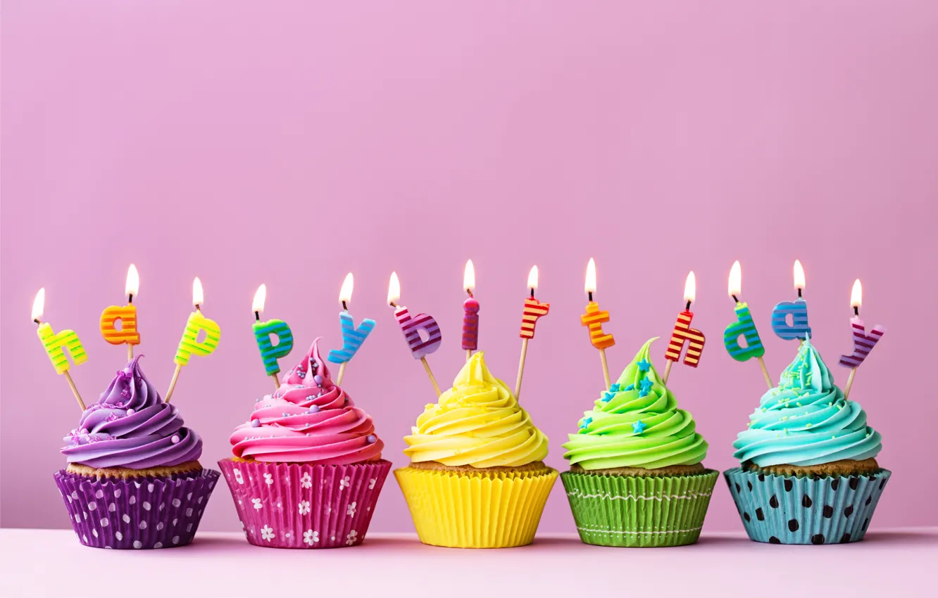 Photo wallpaper candles, colorful, cake, cake, Happy Birthday, cupcake, cupcake, celebration