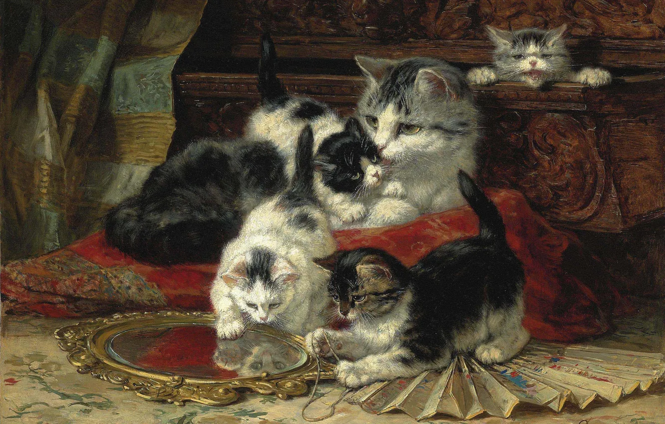Photo wallpaper cat, picture, kitty, Henrietta Ronner-Knipe, Henriette Ronner-Knip, The Belgian artist, Mother and kittens play with …