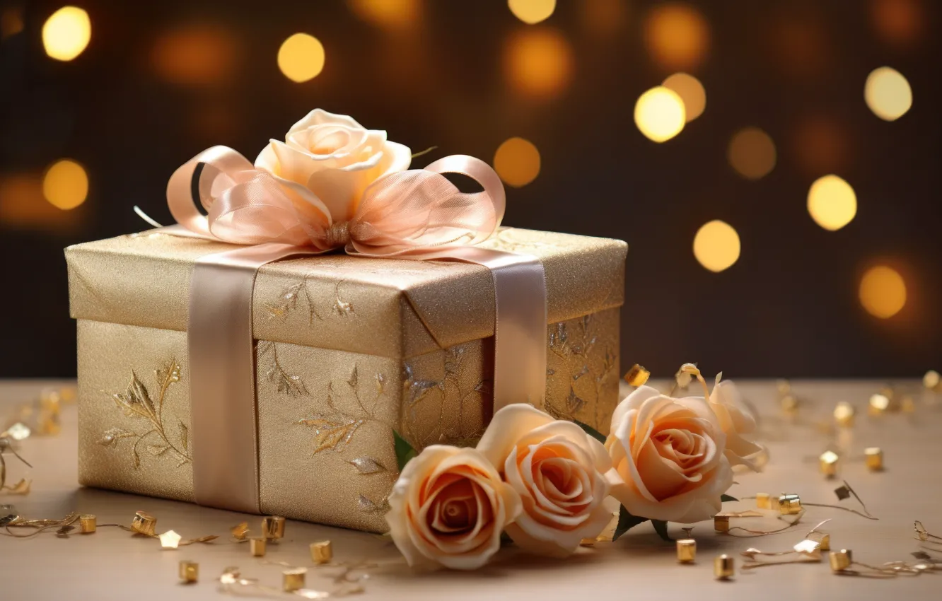 Photo wallpaper flowers, birthday, holiday, gift, roses, bouquet, candles, bow