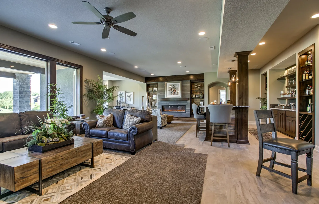 Photo wallpaper space, interior, kitchen, fireplace, living room