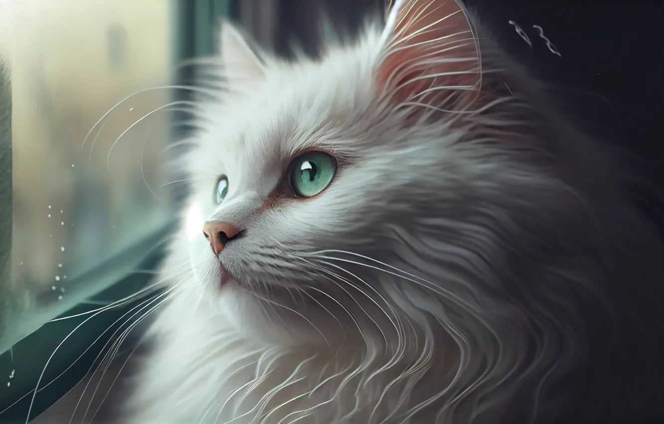 Photo wallpaper cat, cat, face, window, digital art, AI art, The Art of Artificial Intelligence, neural network