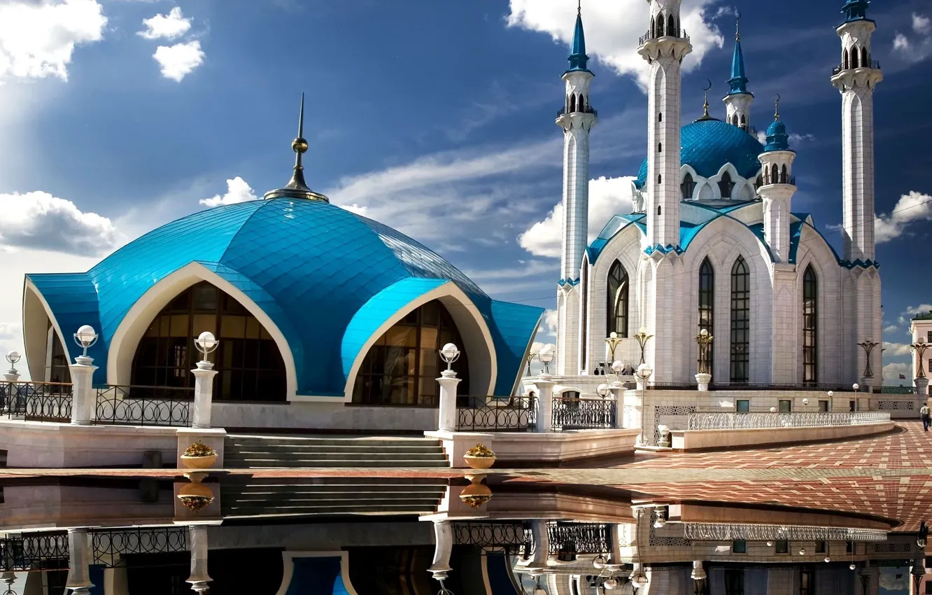 Photo wallpaper the sky, clouds, reflection, the Kremlin, mosque, Kazan, Tatarstan, Kul-Sharif