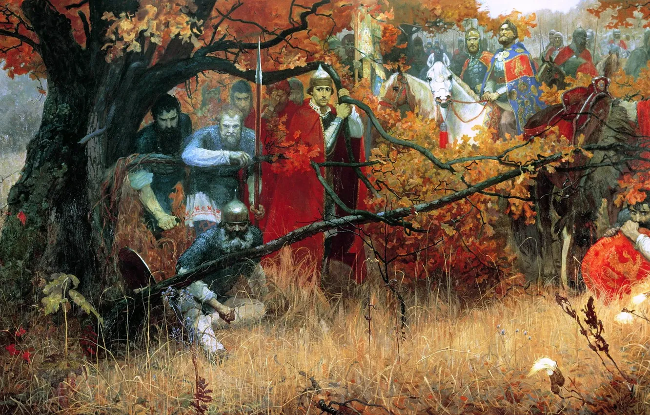 Photo wallpaper grass, trees, picture, warrior, soldiers, Russian, Soviet and Russian artist, Mikhail Shankov