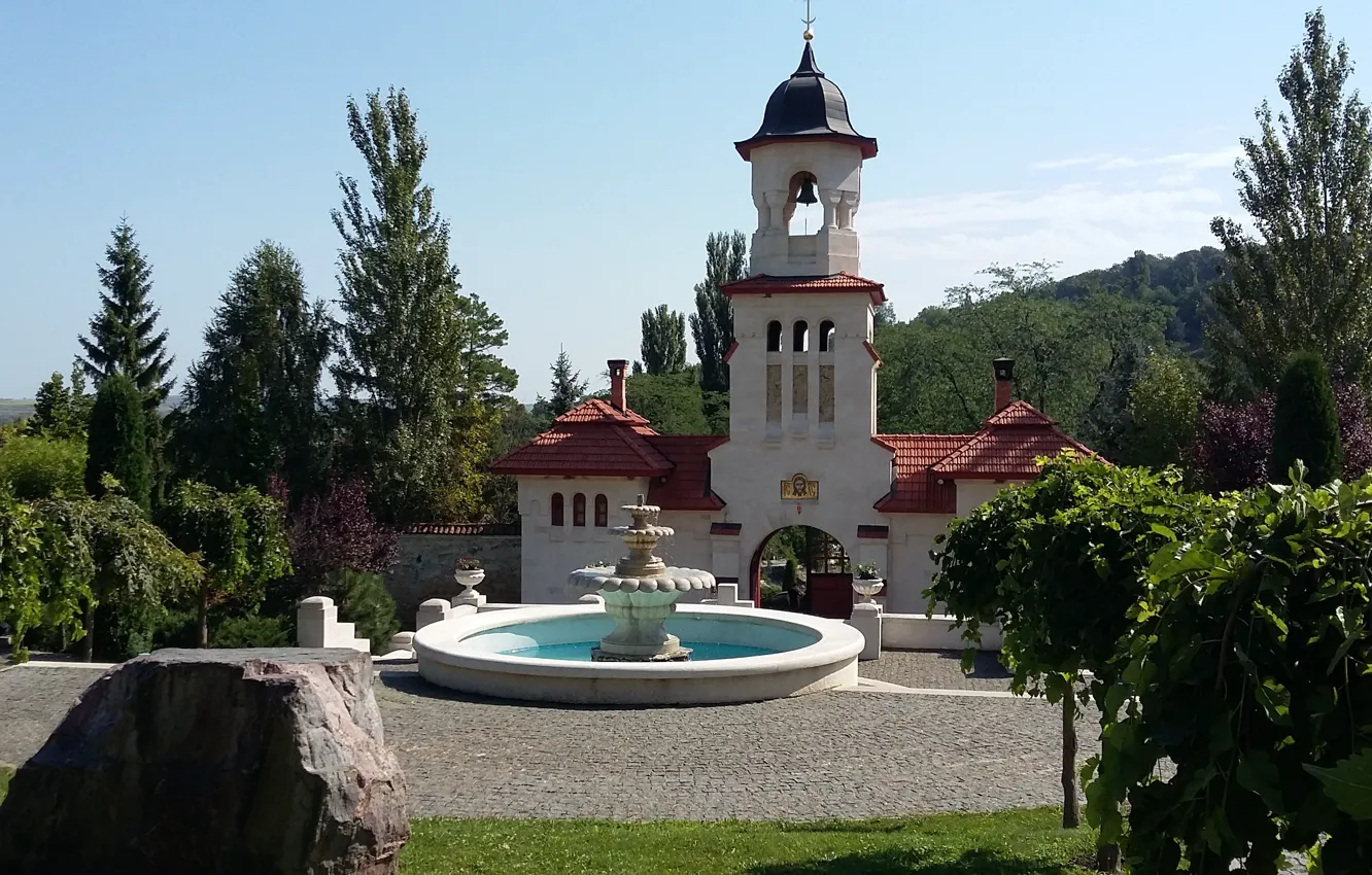 Photo wallpaper summer, fountain, chapel, Sunny day, clean air, The monastery, Moldova, Triggers