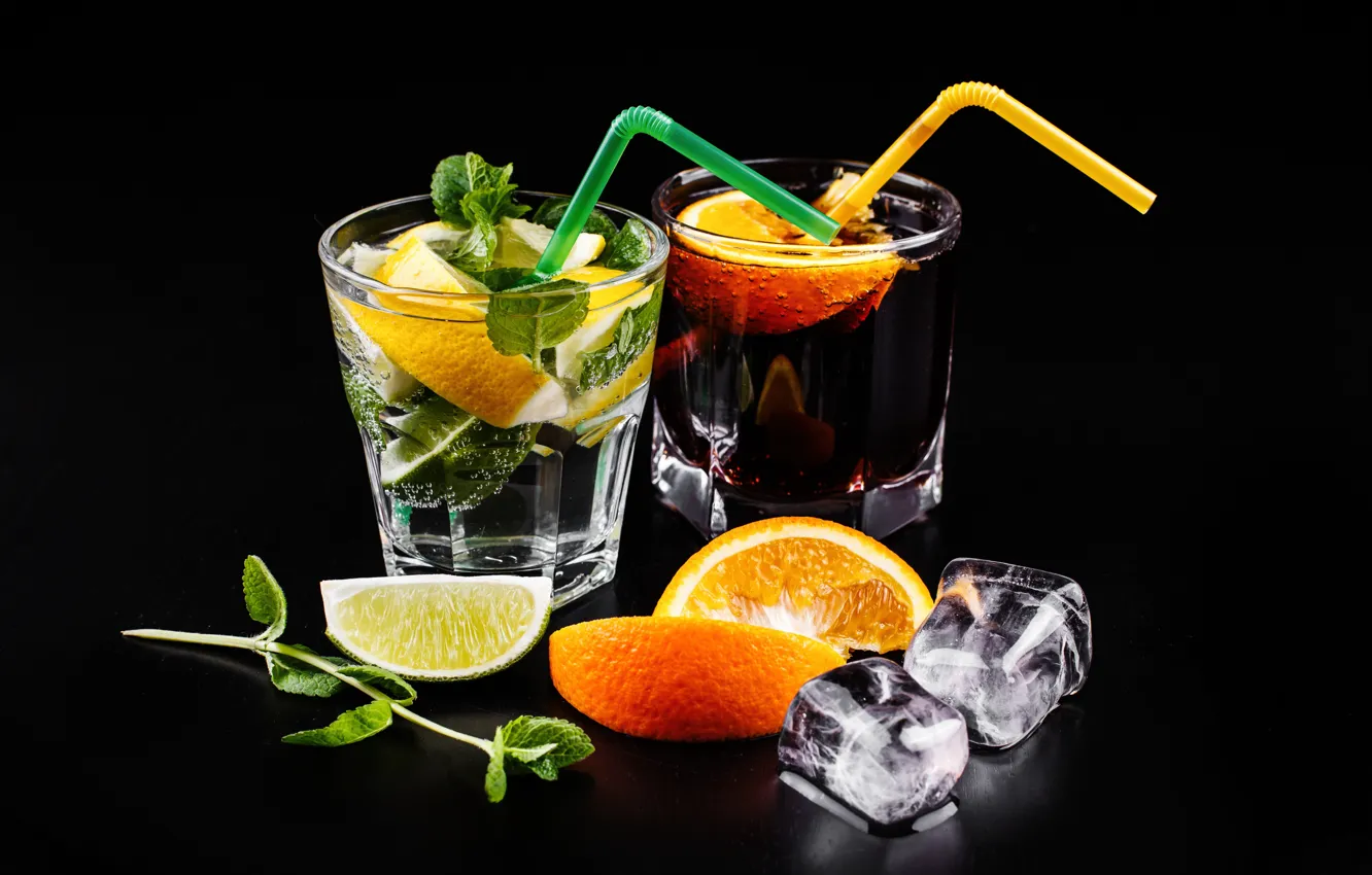 Photo wallpaper orange, ice, cocktail, lime, drink, mint, cola, cocktail