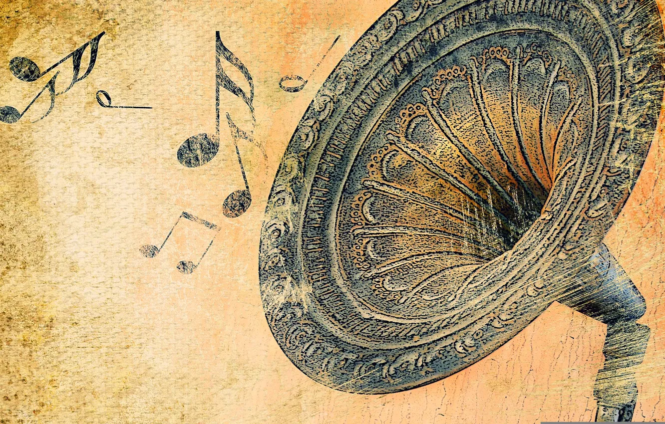 Photo wallpaper retro, notes, sound, gramophone