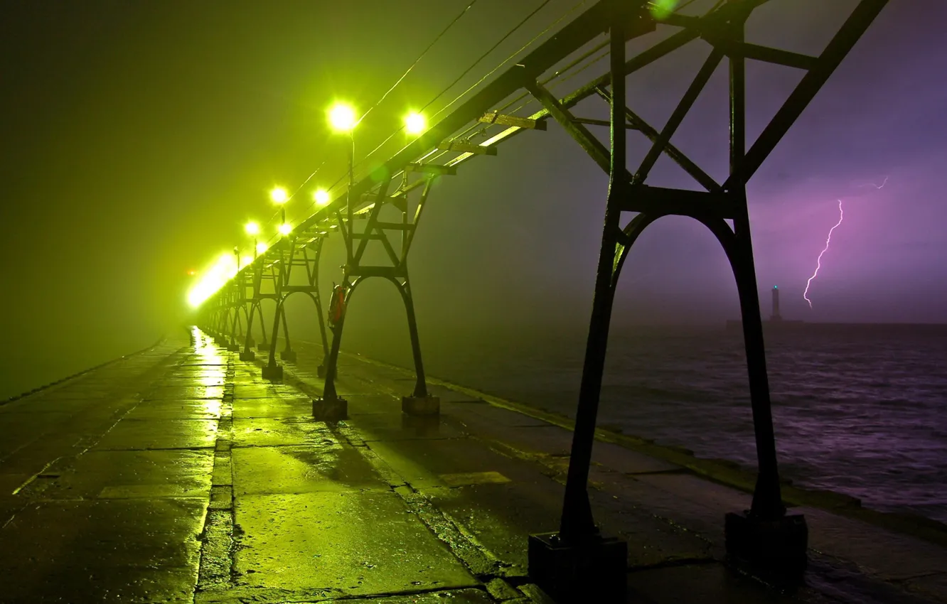 Photo wallpaper bridge, lights, fog, lightning, lighthouse