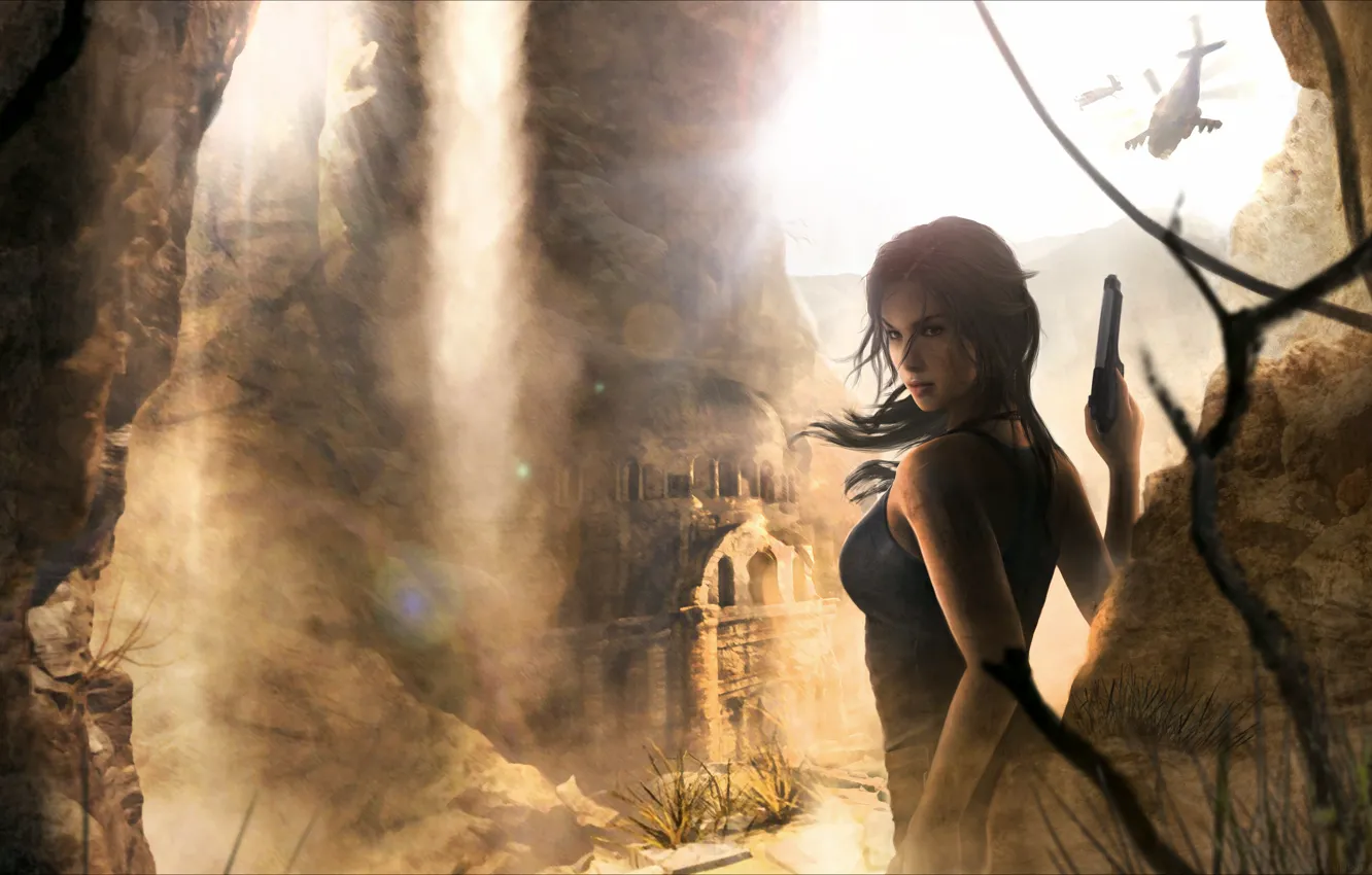 Photo wallpaper sand, look, girl, helicopters, ruins, lara croft, tomb raider