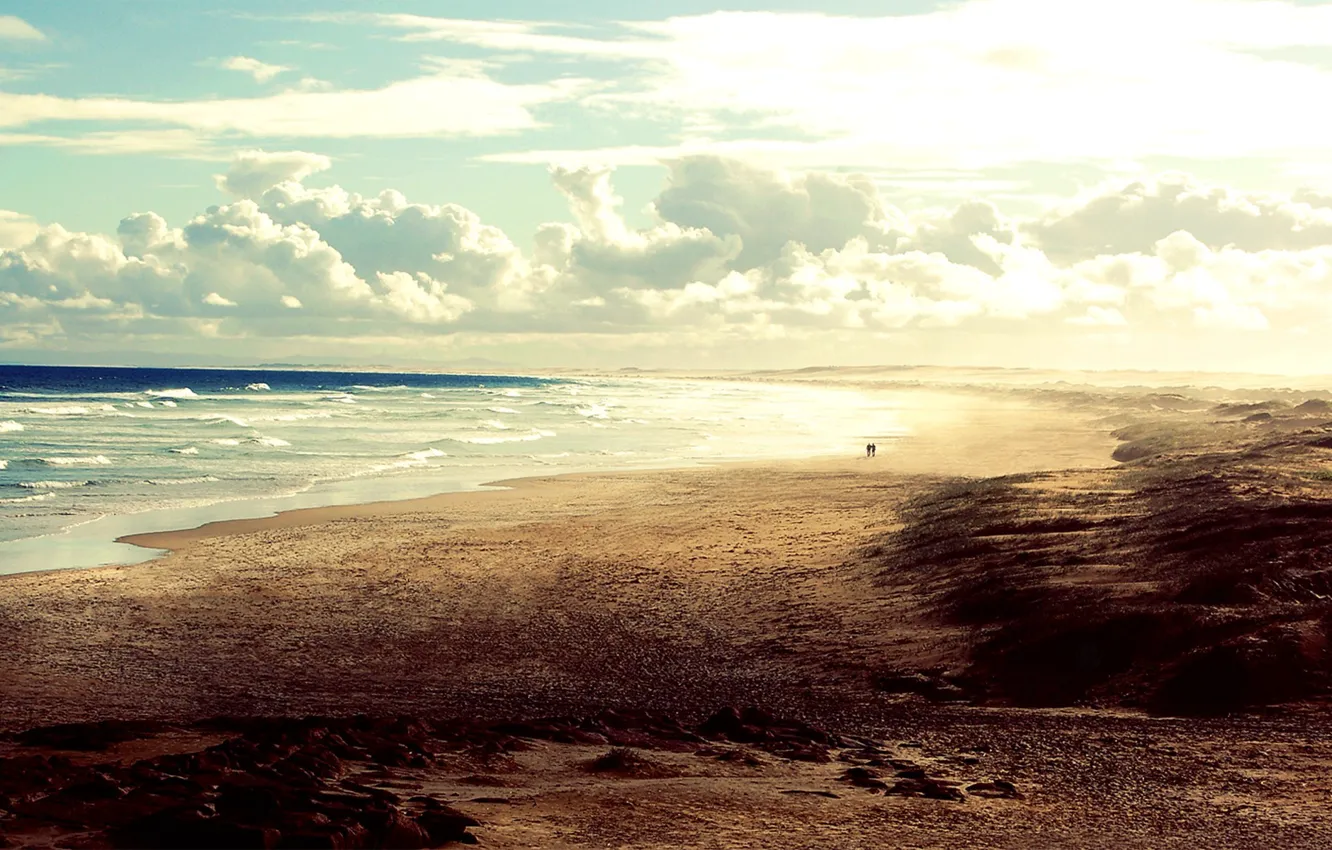 Photo wallpaper sand, wave, beach, the sky, landscape, people, the ocean, horizon