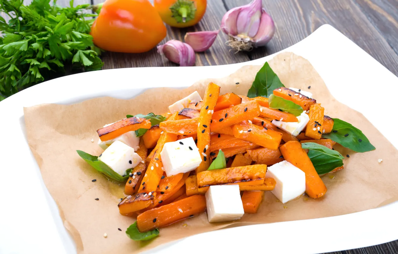 Photo wallpaper pepper, carrots, salad, garlic, feta