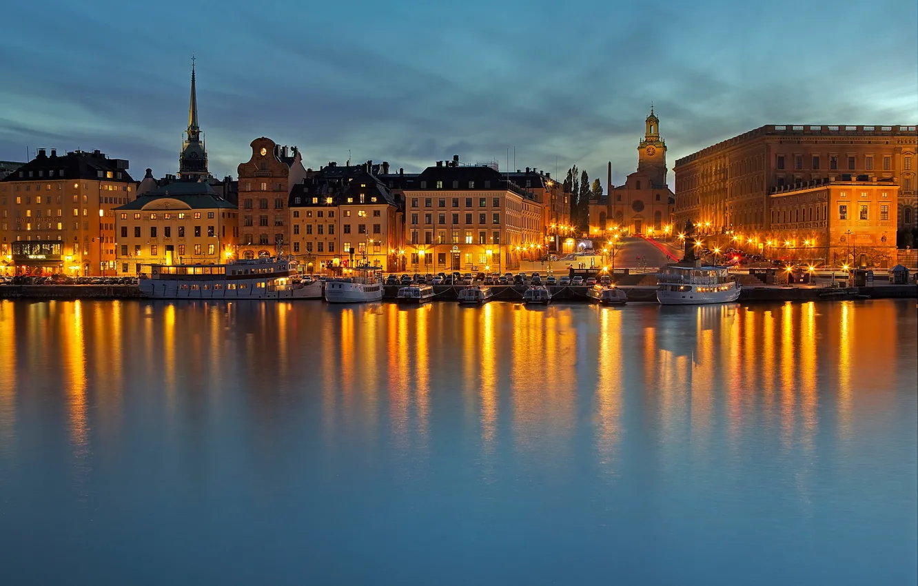 Photo wallpaper sea, night, lights, home, Stockholm, Sweden, promenade