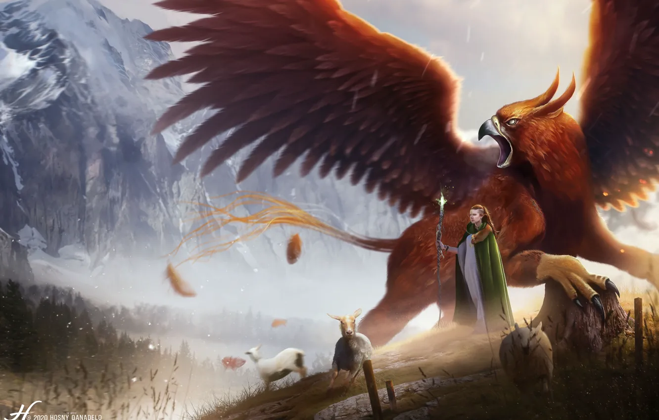 Photo wallpaper Girl, Mountains, Being, Feathers, Sheep, Wings, Monster, Beast