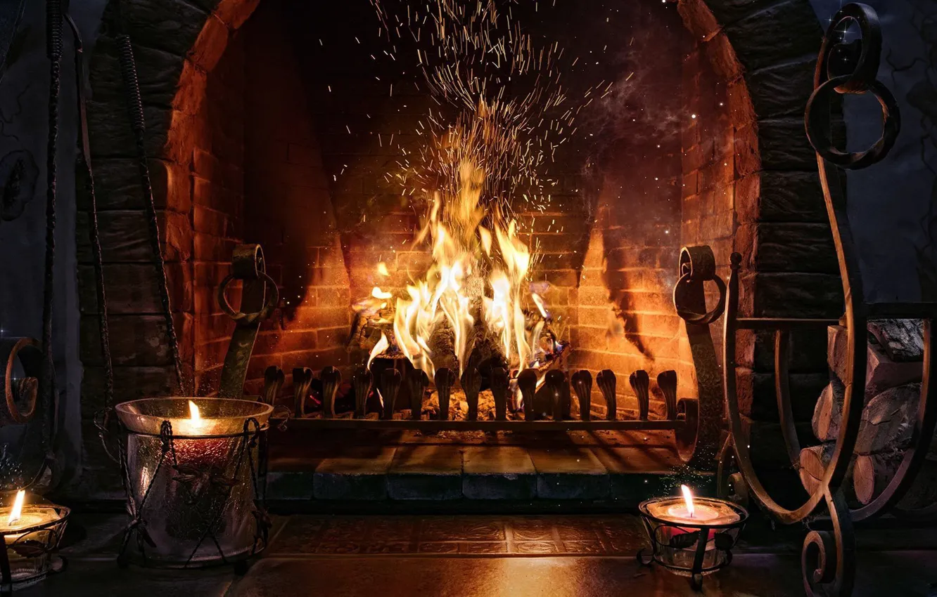Photo wallpaper heat, room, mood, candles, sparks, Christmas, fireplace, Christmas