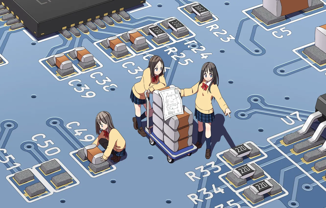 Photo wallpaper chip, fee, scheme, truck, schoolgirl, three girls