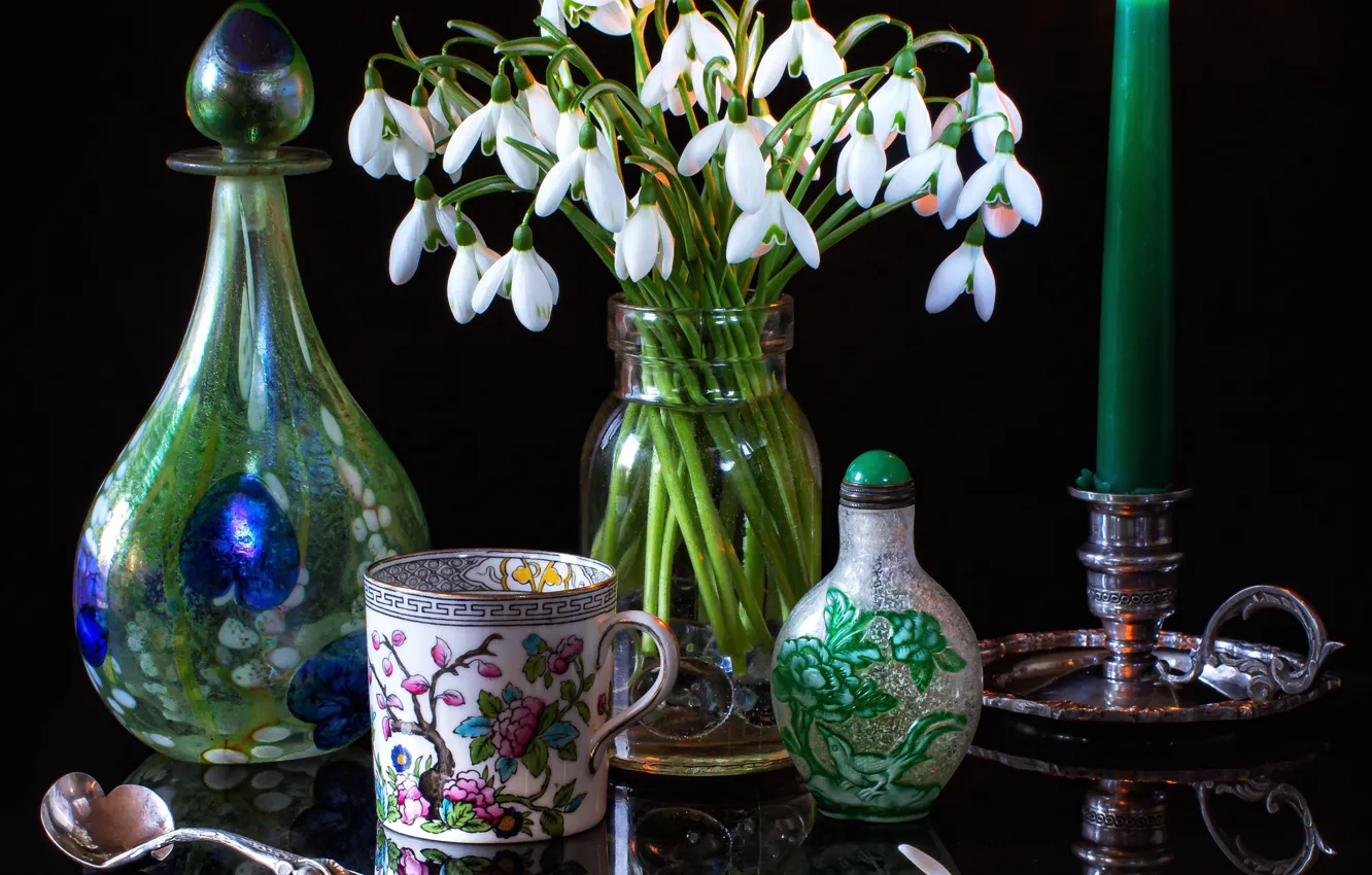 Photo wallpaper flowers, style, candles, snowdrops, mug