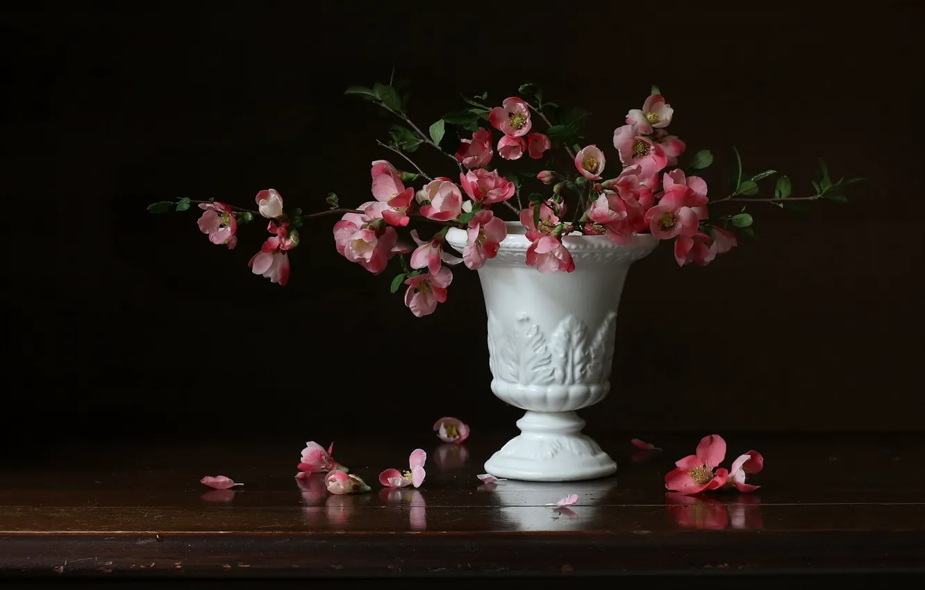 Photo wallpaper flowers, vase, quince