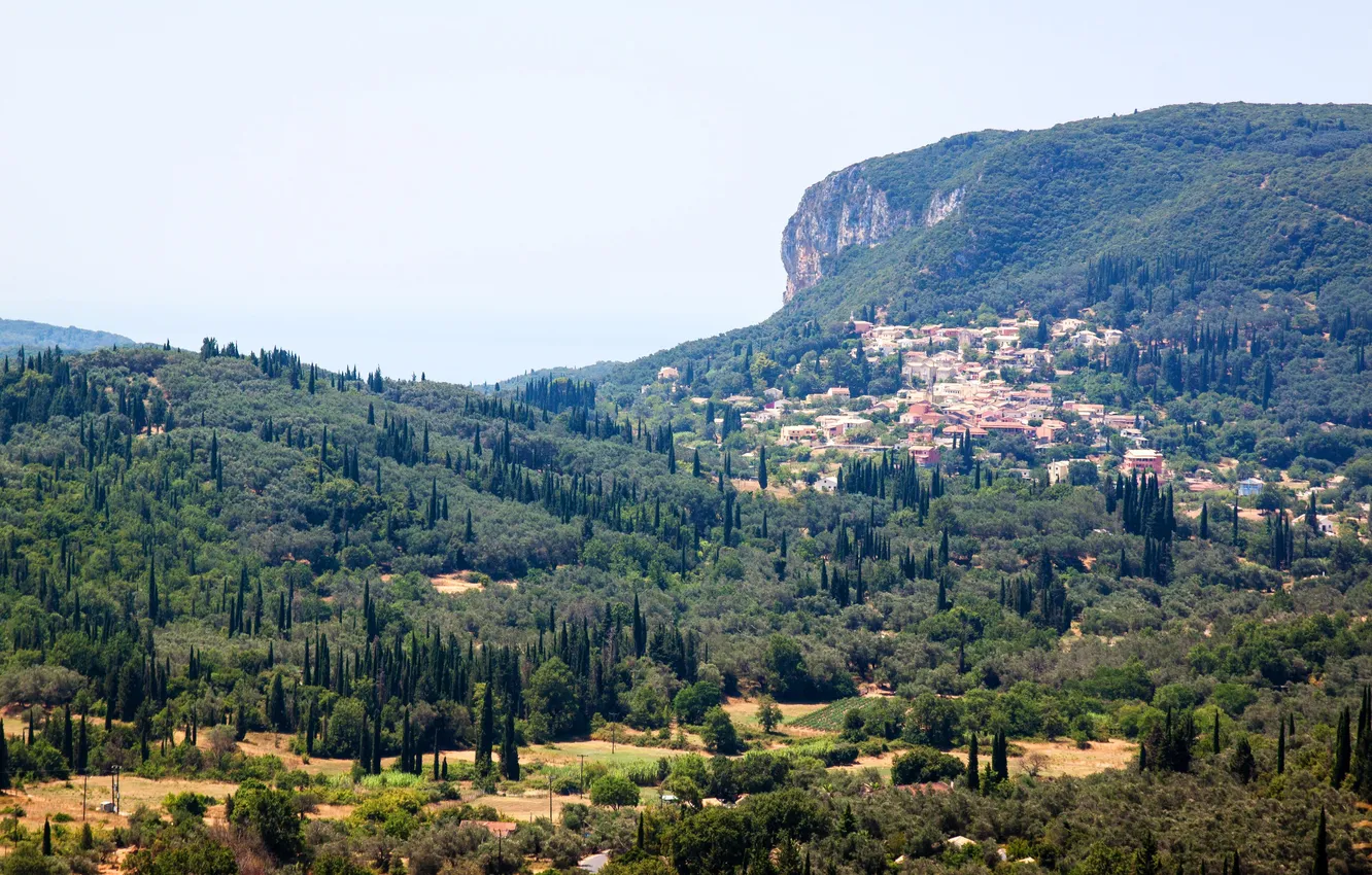 Photo wallpaper forest, trees, mountains, rocks, home, Greece, Corfu