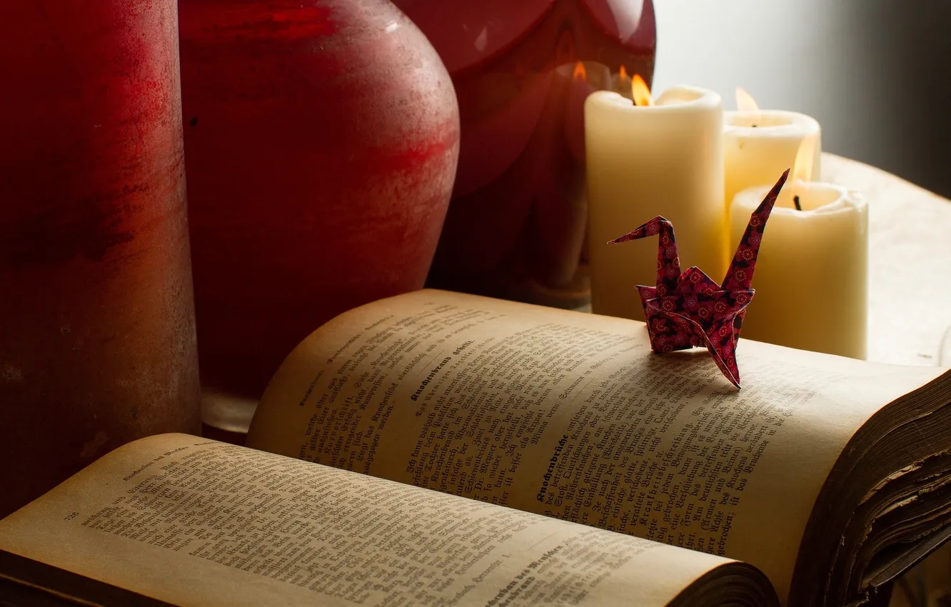 Photo wallpaper candles, book, wax, crane, origami, old