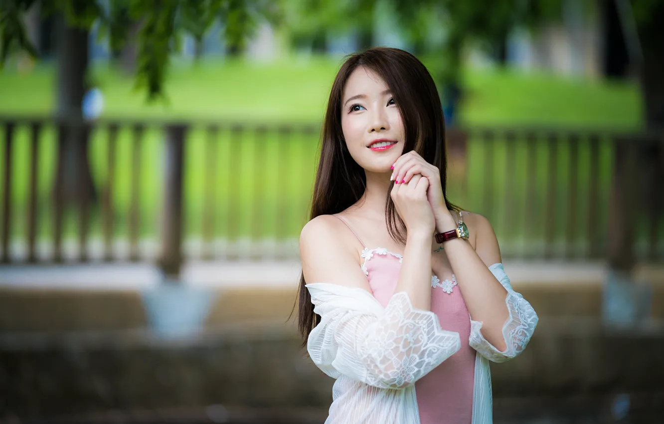 Photo wallpaper girl, pose, Asian, cutie, bokeh
